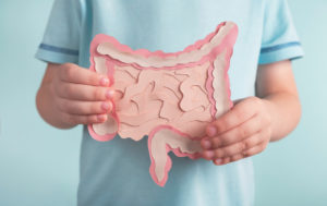 child holding paper representation of digestive system