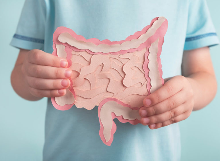 child holding paper representation of digestive system