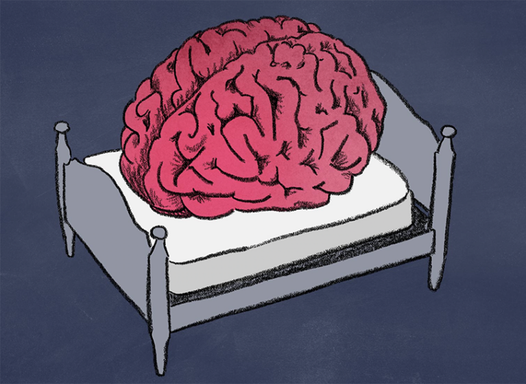 A drawing of a brain on a bed.