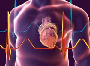 A graphic showing a heart and lines for heart rhythm.