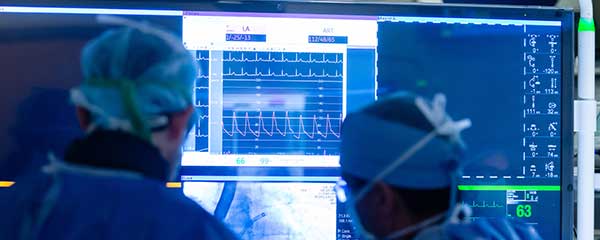 Two healthcare providers looking at a screen with heart & vascular data